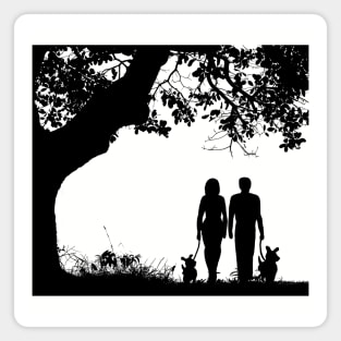 Dog Walk - Dog Walking Couple Silhouette Magnet